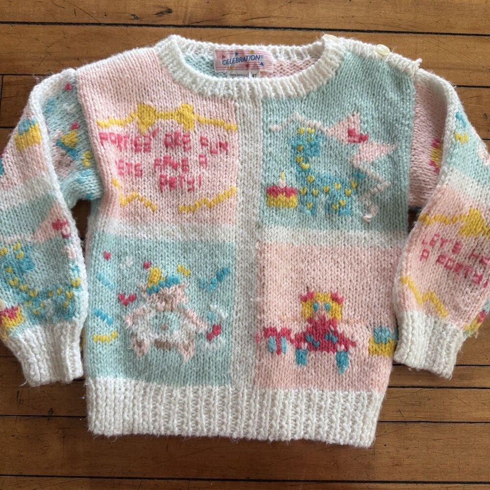 Vintage Celebration Kids Sweater Size 4 Party Balloon Dino Art Fun Knit Acrylic